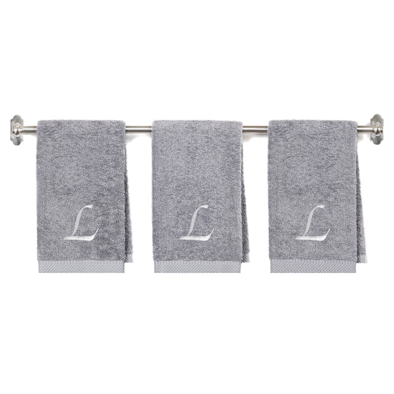 Embroidered Terry Cotton Hand Towel for Bathroom and Kitchen - Terry Cotton Hand Towel - 16 x 27 inches - 3-Pack - Silver Color Towel - White Script Initial L
