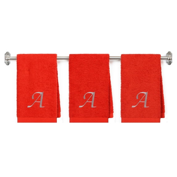 Embroidered Terry Cotton Hand Towel for Bathroom and Kitchen - Personalized Gift - 16 x 27 inches -3-Pack - Red Color Towel - Silver Script Initial A