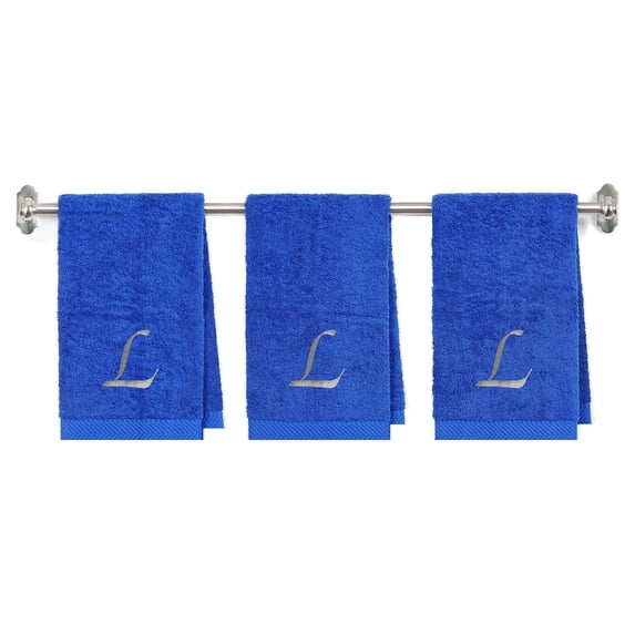Embroidered Terry Cotton Hand Towel for Bathroom and Kitchen - Personalized Gift -3-Pack - Royal Blue Color Towel - Silver Script Initial L