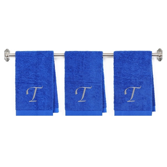 Embroidered Terry Cotton Hand Towel for Bathroom and Kitchen - Personalized Gift -3-Pack - Royal Color Towel - Silver Script Initial T
