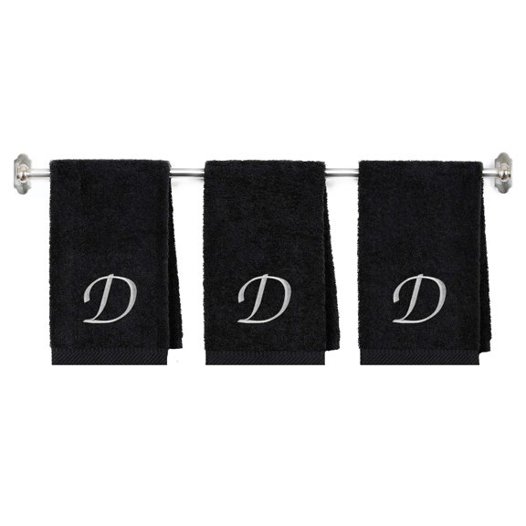 Embroidered Hand Towels Set of 3, Monogram Initial D, Cotton, Black