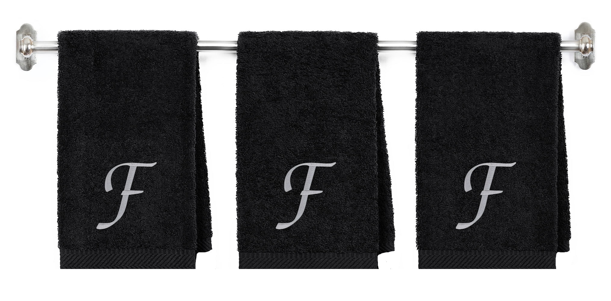 Embroidered Terry Cotton Hand Towel for Bathroom and Kitchen - Personalized Gift - Black Color Towel - Silver Script Initial F