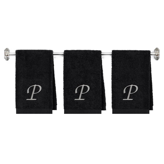 Embroidered Terry Cotton Hand Towel for Bathroom and Kitchen - Personalized Gift - Black Color Towel - Silver Script Initial P