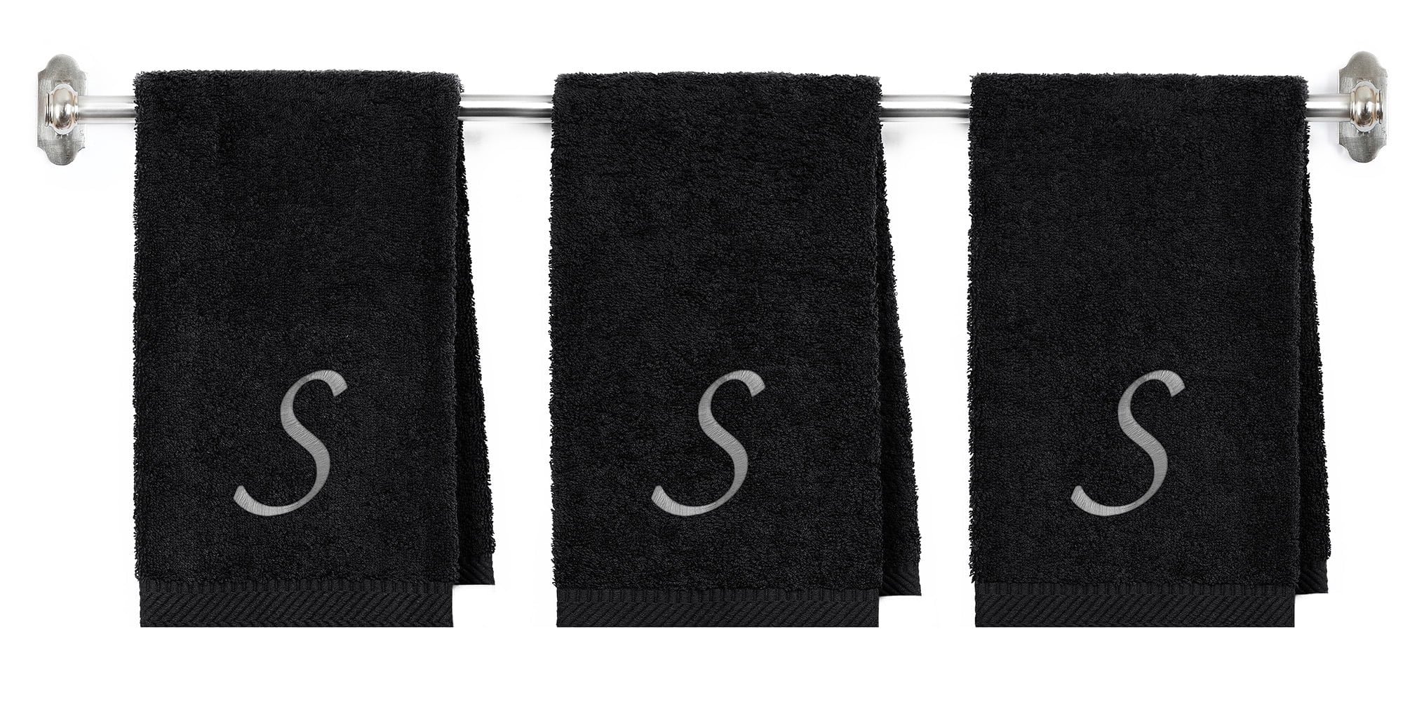 Embroidered Terry Cotton Hand Towel for Bathroom and Kitchen - Personalized Gift - Black Color Towel - Silver Script Initial S