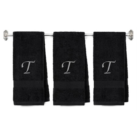 Embroidered Terry Cotton Hand Towel for Bathroom and Kitchen - Personalized Gift - Black Color Towel - Silver Script Initial T