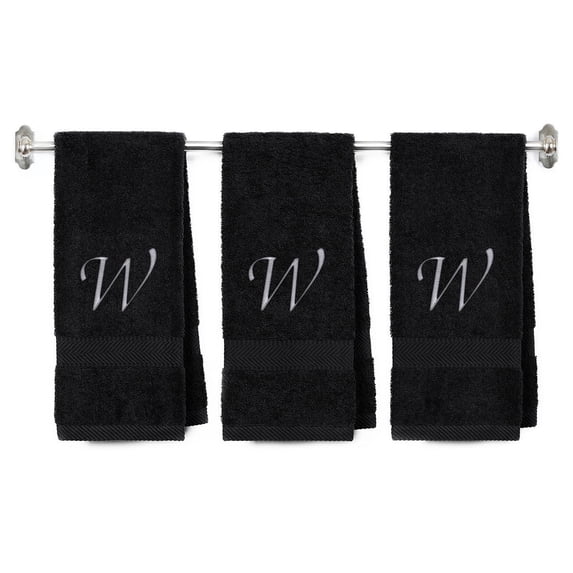 Embroidered Terry Cotton Hand Towel for Bathroom and Kitchen - Personalized Gift - Black Color Towel - Silver Script Initial W