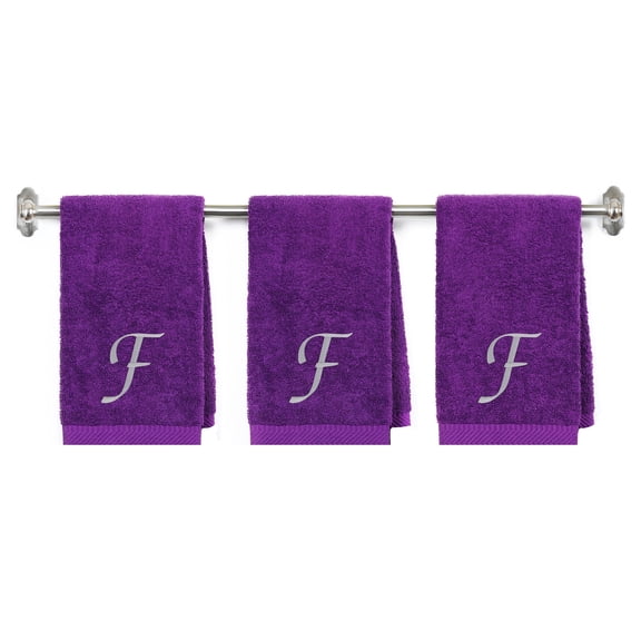 Embroidered Hand Towels Set of 3, Monogram Initial F, Cotton, Purple