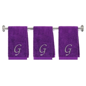 Embroidered Terry Cotton Hand Towel for Bathroom and Kitchen - Personalized Gift - Purple Color Towel - Silver Script Initial G