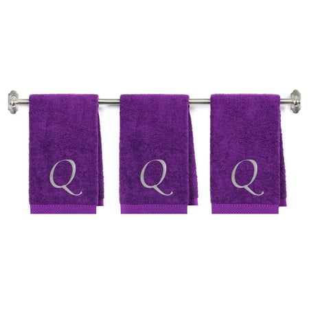 Embroidered Terry Cotton Hand Towel for Bathroom and Kitchen - Personalized Gift - Purple Color Towel - Silver Script Initial Q