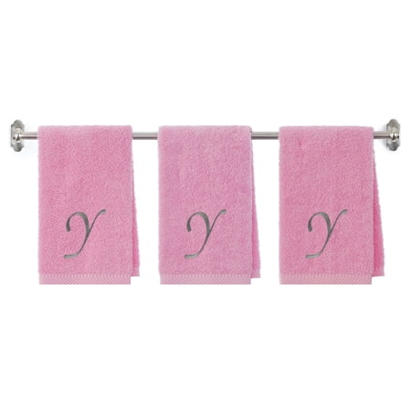 Embroidered Terry Cotton Towel for Bathroom Towel and Kitchen Towel - Terry Cotton Hand Towel - 16 x 27 inches - 3-Pack - Pink Color Towel - Silver Script Initial Y