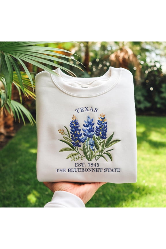 Embroidered Texas Bluebonnet Sweatshirt | US State Flowers Embroidery Crewneck | Texas Est 1845 Gift Shirt