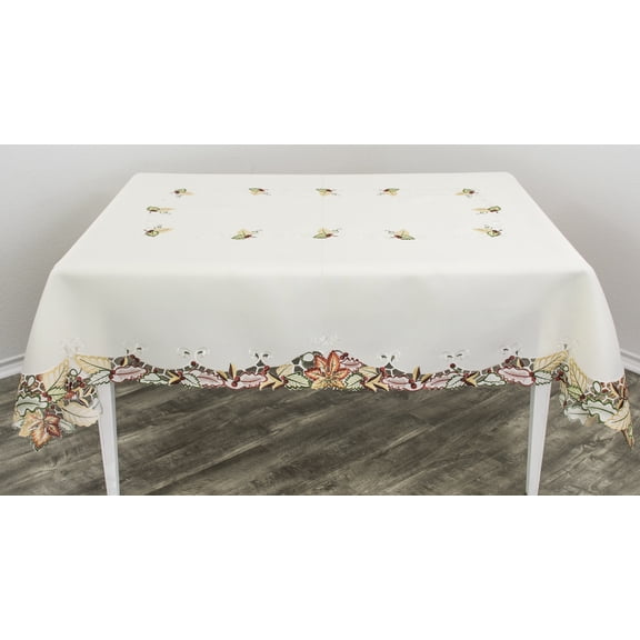 Embroidered Thanksgiving, Autumn, Family Dinner Table, Ivory Tablecloth (67Wx90L)