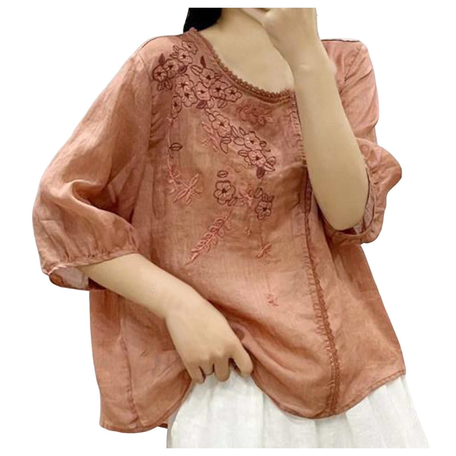 Embroidered Thin T Shirt Women's Artistic Shirt Loose Round Neck Lace