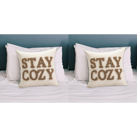 Embroidered Throw Pillow Cover - 17.71 x 17.71 Inch Decorative White Pillow Case with Words, Boho Farmhouse Style for Couch Sofa Bed Living Room (2pc)