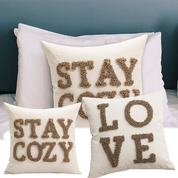 Embroidered Throw Pillow Cover - 17.71 x 17.71 Inch Decorative White Pillow Case with Words, Boho Farmhouse Style for Couch Sofa Bed Living Room (2pc)
