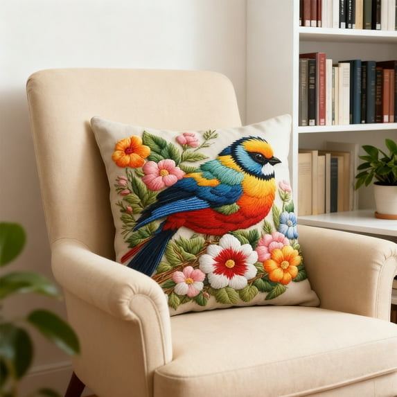 Embroidered Throw Pillow Cover 18x18 Inch - Spring Boho Decorative Pillow Covers with Zipper for Couch Sofa Bedroom Living Room Cushion Pillowcase, Birds Leaves