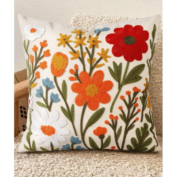 Embroidered Throw Pillow Cover 18x18 Inch - Spring Summer Boho Decorative Pillow Cover with Zipper for Living Room Couch Sofa Bed Aesthetic Design Sunflower Moon Cushion Pillowcase