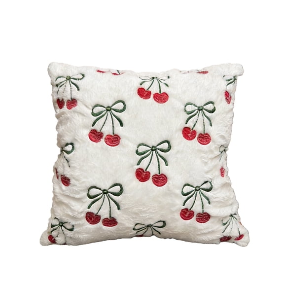 Embroidered Throw Pillow Cover 18x18 Inch - Summer Boho Decorative Soft Plush Pillow Cover with Zipper for Living Room Couch Sofa Bed Aesthetic Design Little Cherry Strawberry Cushion Pillowcase