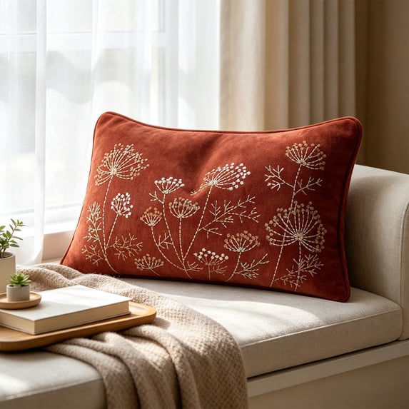 Embroidered Throw Pillow Covers 12x20, Wildflower | Durable Fabric, Lumbar Pillow Cover, Boho Decorative for Couch Bed Farmhouse Decor, Machine Washable(Red)