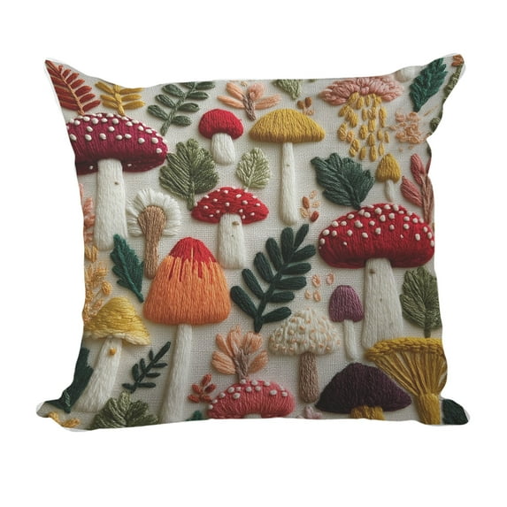 Imitation Embroidered Throw Pillow Covers 18x18 Inch - Summer Boho Decorative Pillow Cover with Zipper for Living Room Couch Sofa Bed Mushroom Tree Linen Cushion Pillowcase