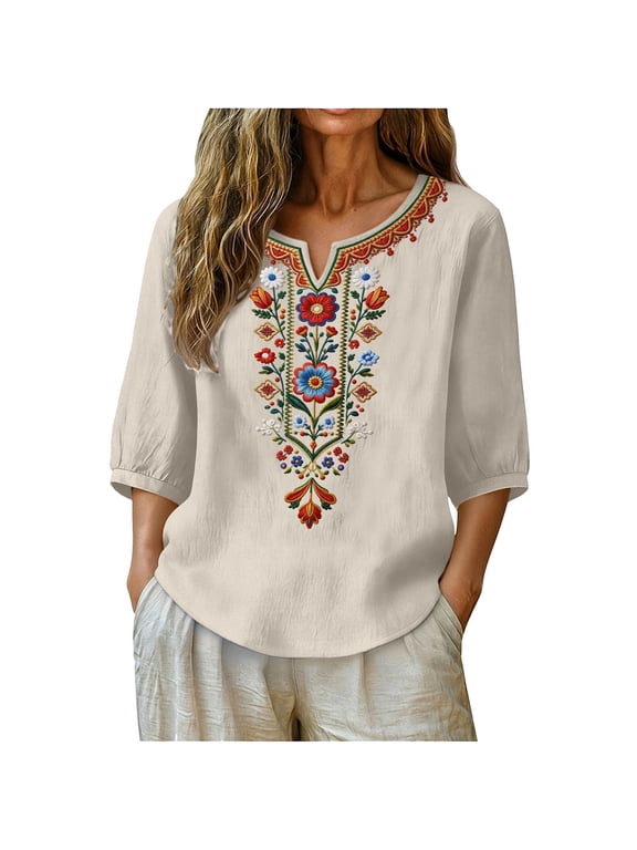 Embroidered Top for Women 3/4 Sleeve Boho Shirt Plus Size V Neck Tunic Peasant
