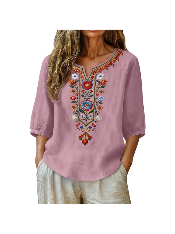 Embroidered Top for Women 3/4 Sleeve Boho Shirt Plus Size V Neck Tunic Peasant