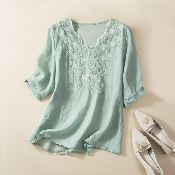 Embroidered Tops, Cotton Linen Tunic, 3/4 Sleeve V Neck, Button, Boho Ethnic, Casual, Blue M, Size M-XXXXL