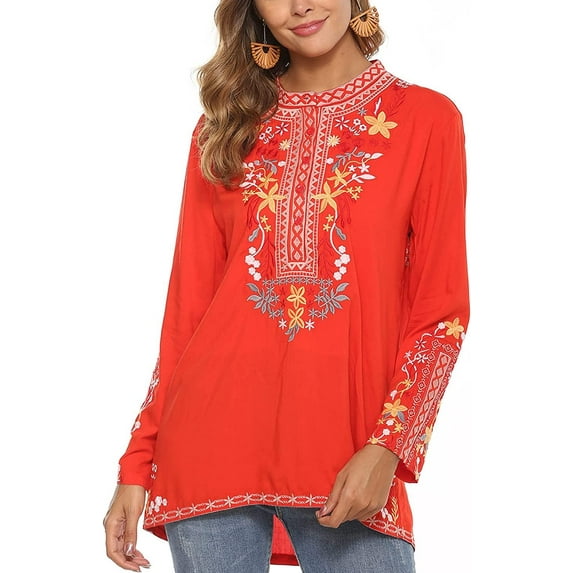 Embroidered Tops Long Sleeve Women's Mexican Boho Peasant Casual Loose Tunics Fall Blouse Shirts for Women