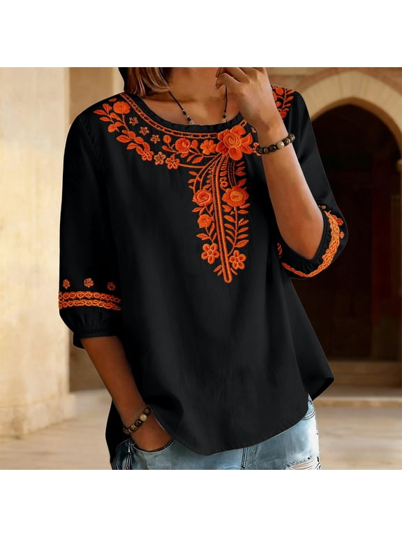 Embroidered Tops For Women Boho Peasant Gauze Blouses Cotton Boho Tops Womens Gauze Tops Gauze Shirts Summer Linen Tops Peasant Blouse Gauze Tunic Tops For Women Gauze Shirts For Women Black2 XL