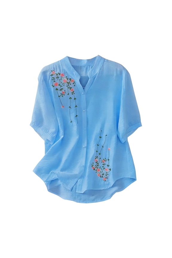 Embroidered Tops For Women，Cotton Peasant Tops For Women Linen Blouse Breathable Bohemian Peasant Shirts Linen Tunic Tops Embroidered Blouses For Women Floral Embroidered Top Spring Tops