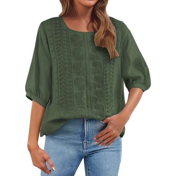 Embroidered Tops For Women,Flowy Bohemian Tunics For Women Boho Tops For Women Cotton Peasant Tops 3/4 Length Sleeve Womens Tops Hemp Shirt Women Womens Boho Tops And Blouses Blouse Tops