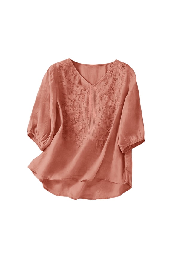 Embroidered Tops For Women Linen Blouse Peasant Tops For Women Gauze Shirts Lightweight Linen Blouses For Women Gauze Tunic Tops For Women Beach Vacation Tshirts Loose Fit Tee Shirt Women