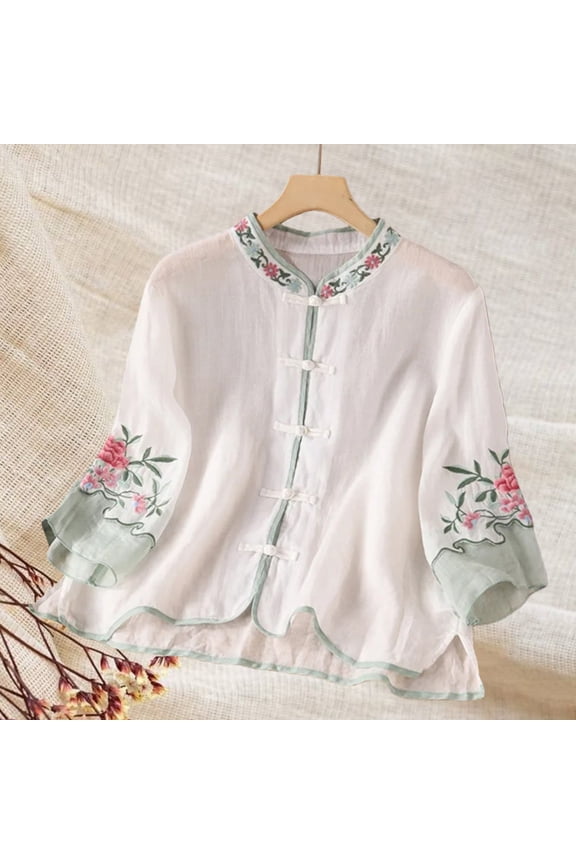 Embroidered Tops for Women Retro Embroidered 3/4 Sleeve Boho Tops Elbow Sleeve Summer Gauze Shirts Summer Tshirts Fashion Clothes 3/4 Length Sleeve Womens Tops Bohemian Tops Peasant Tops 3XL