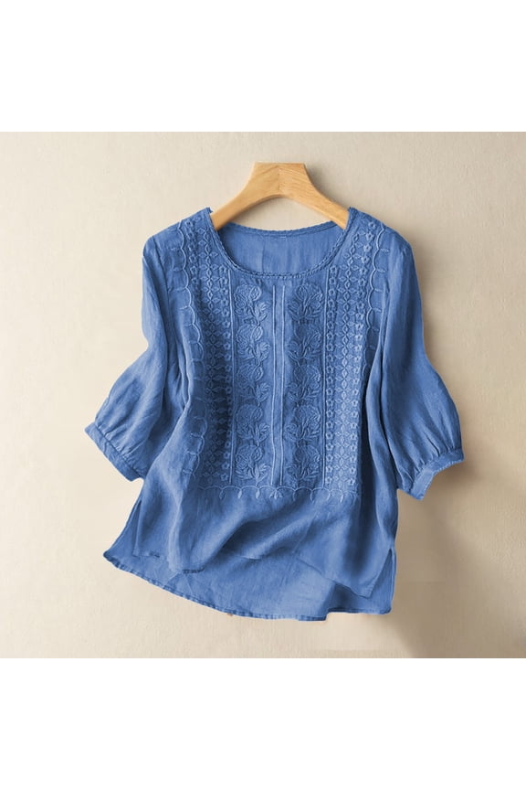 Embroidered Tops for Women Summer Spring Blouses Work Tees Retro Embroidered 3/4 Sleeve Boho Tops Breathable Relaxed Fit Basic Tee Elbow Sleeve Vacation Beach Solid Blouses Summer Tshirts M