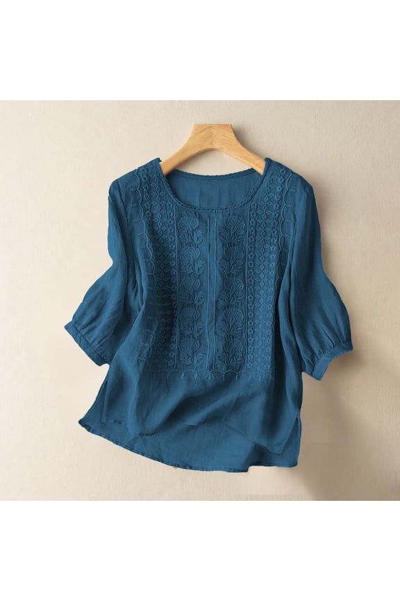 Embroidered Tops for Women Summer Tops for Women Cotton Linen Tops Bohemian Tops Retro Embroidered 3/4 Sleeve Boho Tops Summer Spring Blouses 3/4 Length Sleeve Womens Tops Work Tees 2XL