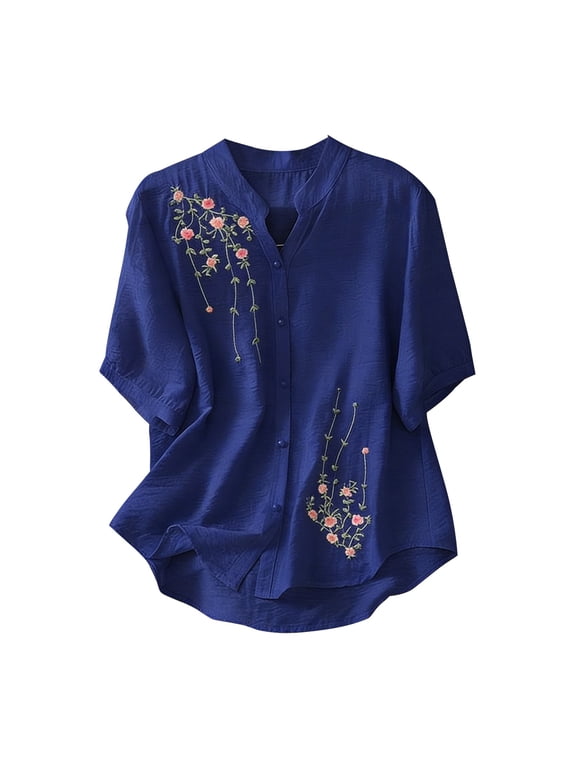 Embroidered Tops For Women,Womens Gauze Tops And Blouses Spring 2026 Gauze Tops Embroidery Shirts For Women Cotton Peasant Tops For Women Embroidered Blouses For Women Henley V Neck Shirt