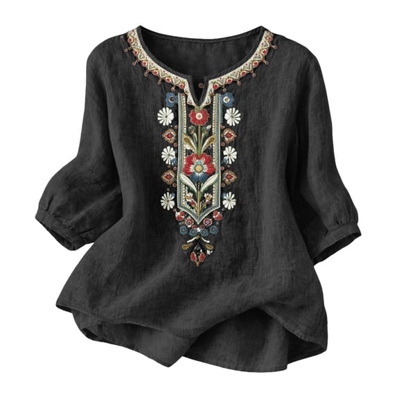 Embroidered Tops for Women 3/4 Sleeve Boho Cotton Linen Shirts Elegant V Neck Peasant Blouses
