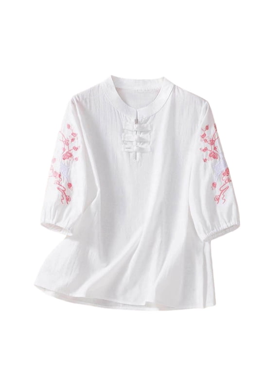 Embroidered Tops for Women 3/4 Sleeve Boho Cotton Linen Shirts Plus Size Peasant Button Casual Blouses Cotton Linen Peasant Top Plus Size