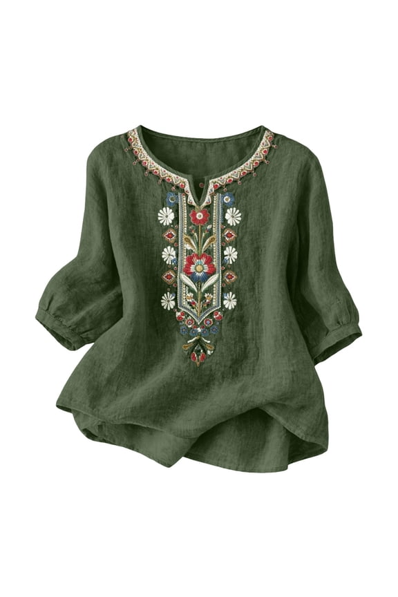 Embroidered Tops for Women 3/4 Sleeve Boho Cotton Linen Shirts Plus Size V Neck Tunic Peasant Clothes