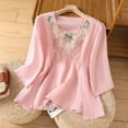 thumbnail image 1 of Embroidered Tops for Women 3/4 Sleeve Boho Tops Cotton Linen Plus Size Crewneck Tunic Peasant Blouses Pink L, 1 of 4