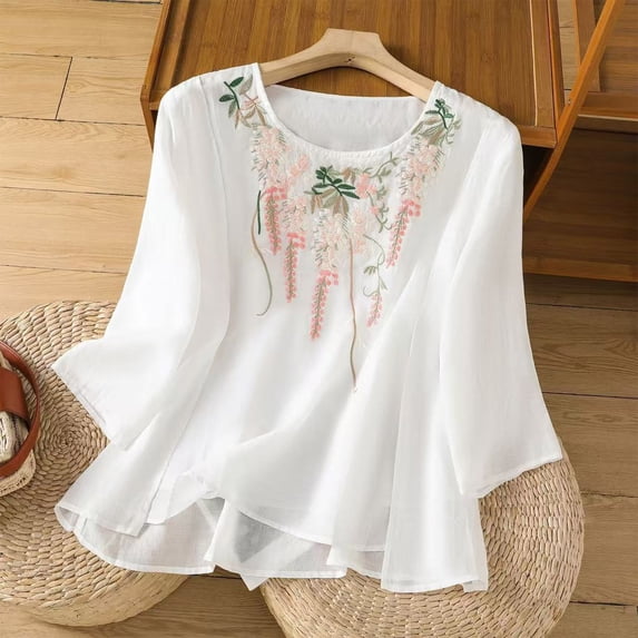 Embroidered Tops for Women 3/4 Sleeve Boho Tops Cotton Linen Plus Size Crewneck Tunic Peasant Blouses White L