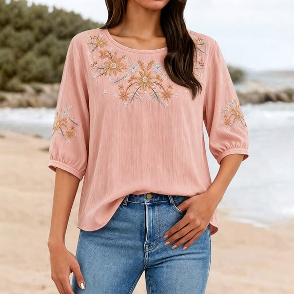 Embroidered Tops for Women 3/4 Sleeve Cotton Linen Shirts Plus Size Blouses Casual Shirts