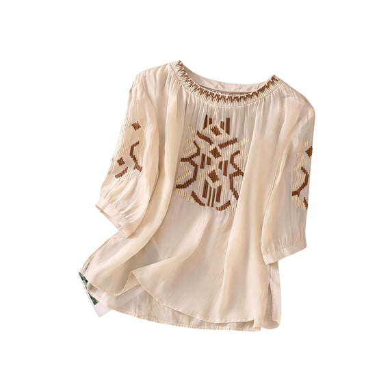 Embroidered Tops for Women 3/4 Sleeve Peasant Boho Blouse Crewneck Cotton Linen Shirts Casual Bohemian Loose Tunics Beige XL