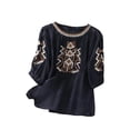 thumbnail image 1 of Embroidered Tops for Women 3/4 Sleeve Peasant Boho Blouse Crewneck Cotton Linen Shirts Casual Bohemian Loose Tunics Navy M, 1 of 3