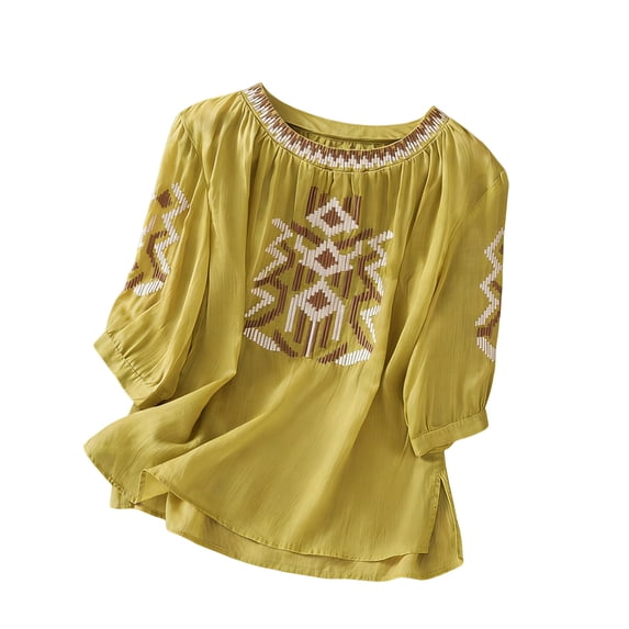 Embroidered Tops for Women 3/4 Sleeve Peasant Boho Blouse Crewneck Cotton Linen Shirts Casual Bohemian Loose Tunics Yellow XL