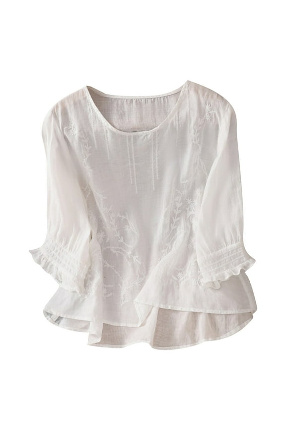 Embroidered Tops for Women Casual Loose 3/4 Sleeve Smocked Cuffed Shirts Cotton Linen Round Neck Trendy Vintage Blouses M-2XL, White, L