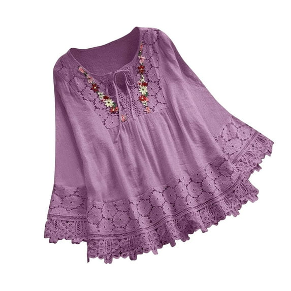 Embroidered Tops for Women Casual Oversized Vintage Lace Boho Peasant Blouses 3/4 Sleeve Tie Front Loose Trendy Shirts, Purple, S