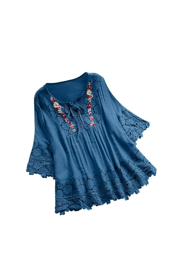 Embroidered Tops for Women Plus Size Vintage Lace Patchwork Bow V-Neck Tops Half Sleeve Boho Cute Mexican T-Shirt