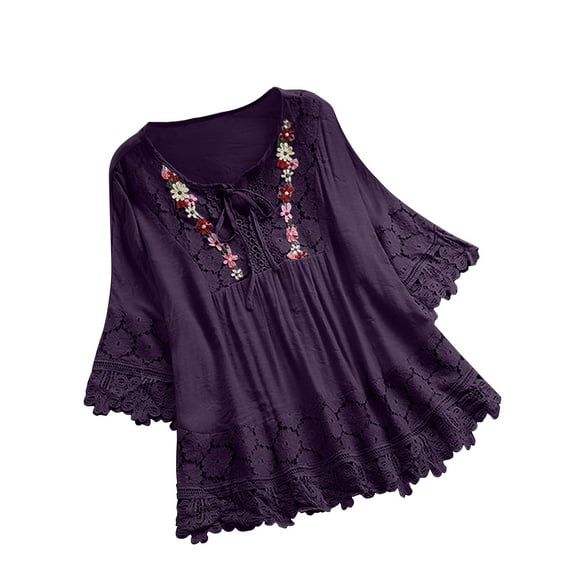 Embroidered Tops for Women Plus Size Vintage Lace Patchwork Bow V-Neck Tops Half Sleeve Boho Cute Mexican T-Shirt