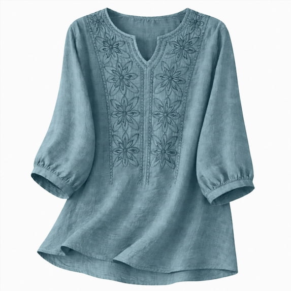 Embroidered Tops for Women Retro Cotton Linen 3/4 Sleeve Boho Shirts Summer Dressy Casual Flowy Blouse